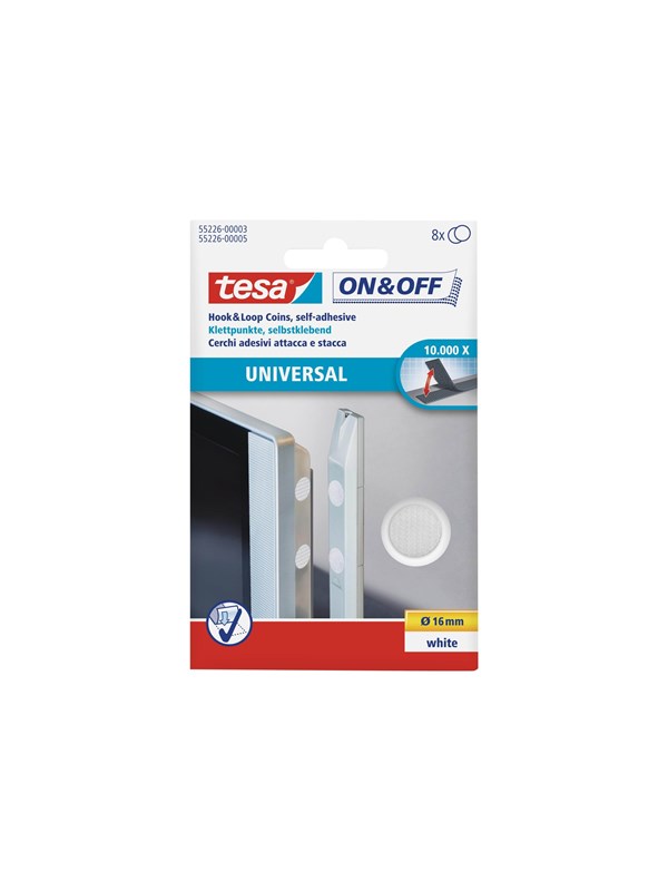 Tesa On & Off - Monteringsklæbemiddel - 1,6 cm diameter - hvid - ikke-permanent (pakke med 8)