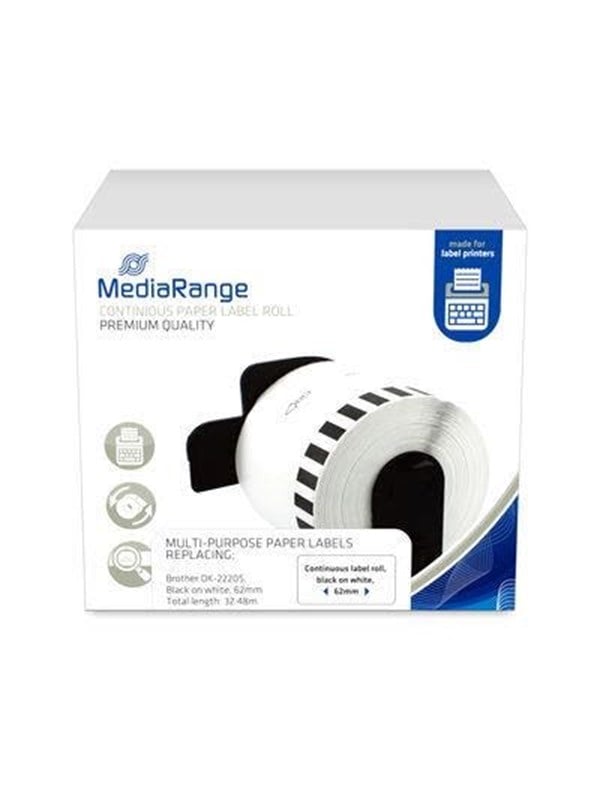 MediaRange - Papir - sort på hvid - Rulle (6,2 cm x 30,48 m) 1 rulle(r) boks - etiketter (alternativ til: Brother DK-22205) - for Brother QL-1050, QL-500, QL-550, QL-560, QL-570, QL-600, QL-650, QL-710, QL-720, QL-820