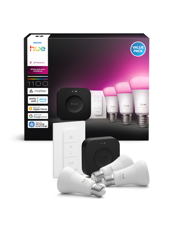 Philips Hue White and Color Ambiance Startsæt - 3 x E27 pærer (1100lm) + Dimmer switch + Bridge Pro