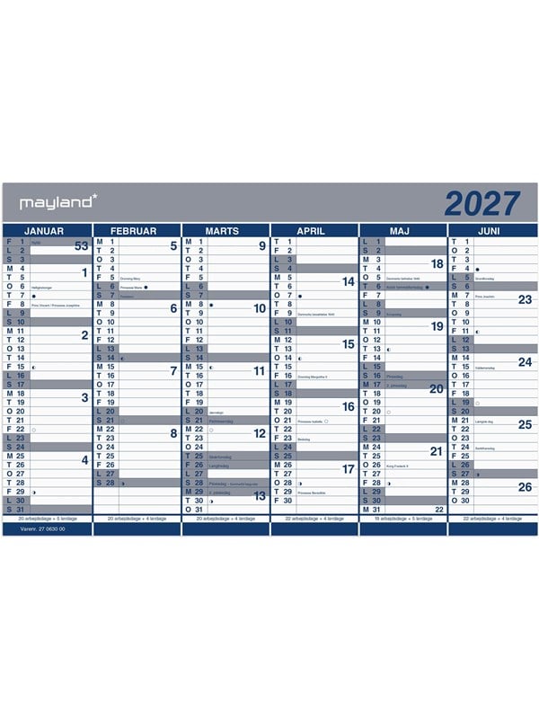 Mayland 2027 27063000 dobbelt halvårskalender 29x44cm blå