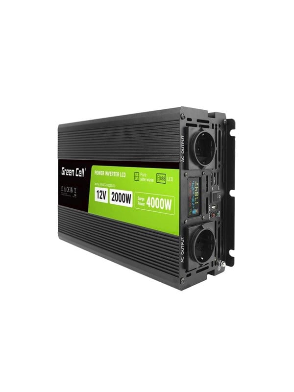 Green Cell PowerInverter LCD 12V - 12V to 230V | 2000W/4000W | Pure Sine Wave | LCD Display Strømforsyning - 2000 Watt - 80 Plus