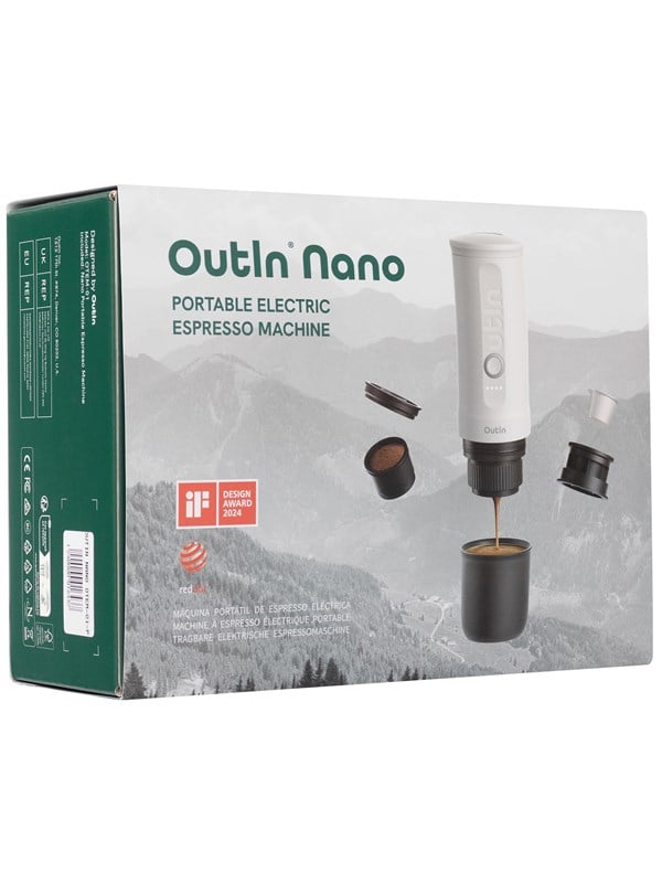 Outin Nano bærbar, batteridrevet espressomaskine - hvid, 7.500 mAh, 80 ml, USB‐C