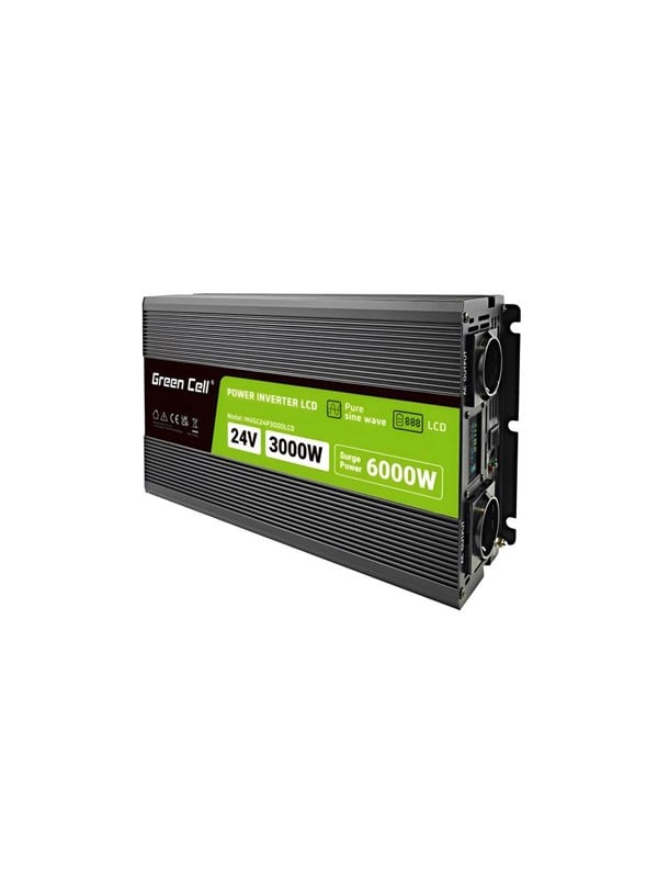Green Cell PowerInverter LCD 24V - 24V to 230V | 3000W/6000W | Pure Sine Wave | LCD Display Strømforsyning - 3000 Watt - 80 Plus