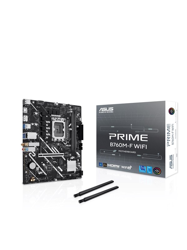 ASUS PRIME B760M-F WIFI - Bundkort - micro ATX - LGA1700 sokkel - B760 Chipset - USB 3.2 Gen 1 - Gigabit LAN, Wi-Fi 6, Bluetooth - onboard grafik (CPU påkrævet) - HD Audio (8-kanaler)