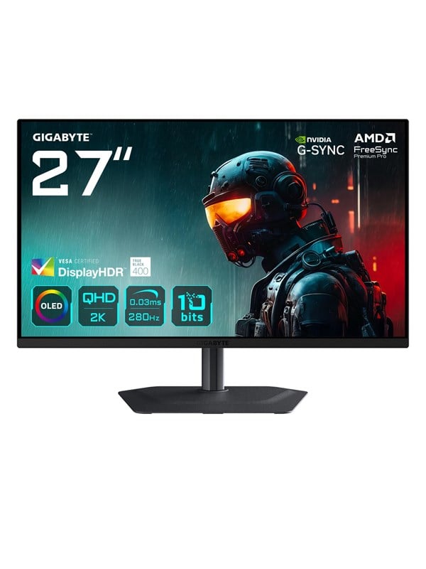 Gigabyte MO27Q2A - OLED-monitor - gaming - 27 - 2560 x 1440 2K @ 280 Hz - 1000 cd/m² - 1500000:1 - DisplayHDR 400 True Black - 0.03 ms - 2xHDMI, DisplayPort, USB-C - højtalere