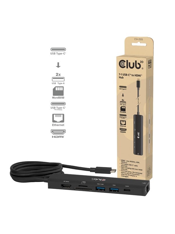 Club 3D CSV-2555 7‑in‑1 USB‑C to HDMI Hub 4K60Hz PD 3.1 140W 1m