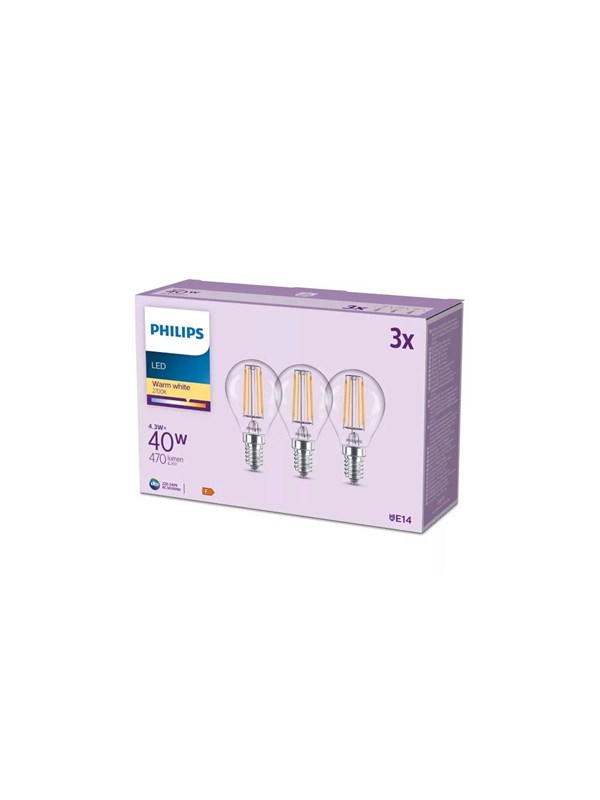 Philips LED pære P45 4,3W/827 (40W) Klar 3-pak E14