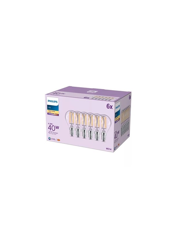 Philips LED pære P45 4,3W/827 (40W) Klar 6-pak E14