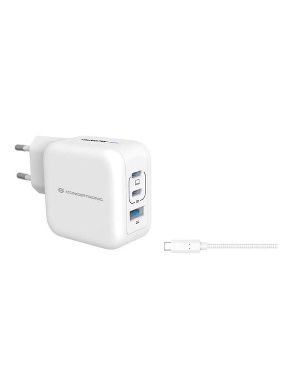 Conceptronic 3‑ports GaN vægoplader - 2x USB‑C + 1x USB‑A, 67 W, PD 3.0/PPS - hvid