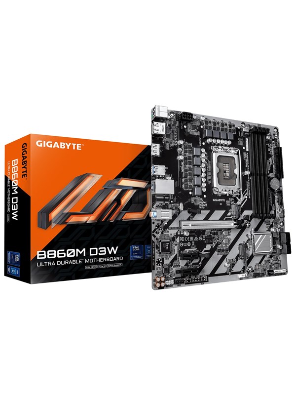 Gigabyte B860M D3W bundkort - LGA 1851, DDR5 op til 9.066 MHz, 2x PCIe 4.0 M.2, 1 GbE, USB 3.2 Gen 1