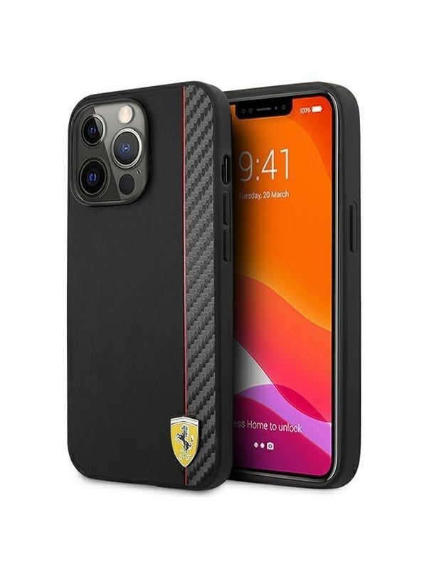 Ferrari iPhone 13 Pro Max Cover Carbon Effect Metal Logo Vertical Stripe - Black