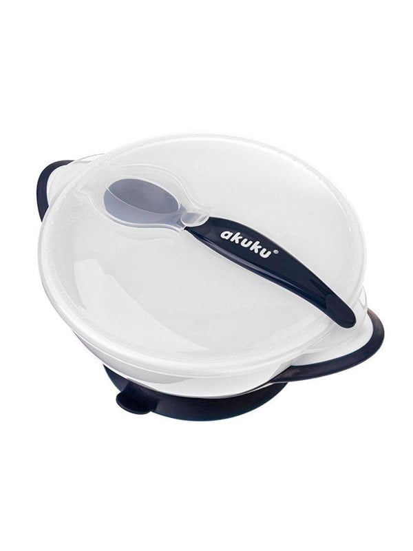 Akuku Suction bowl with spoon WHITE/NAVY BLUE