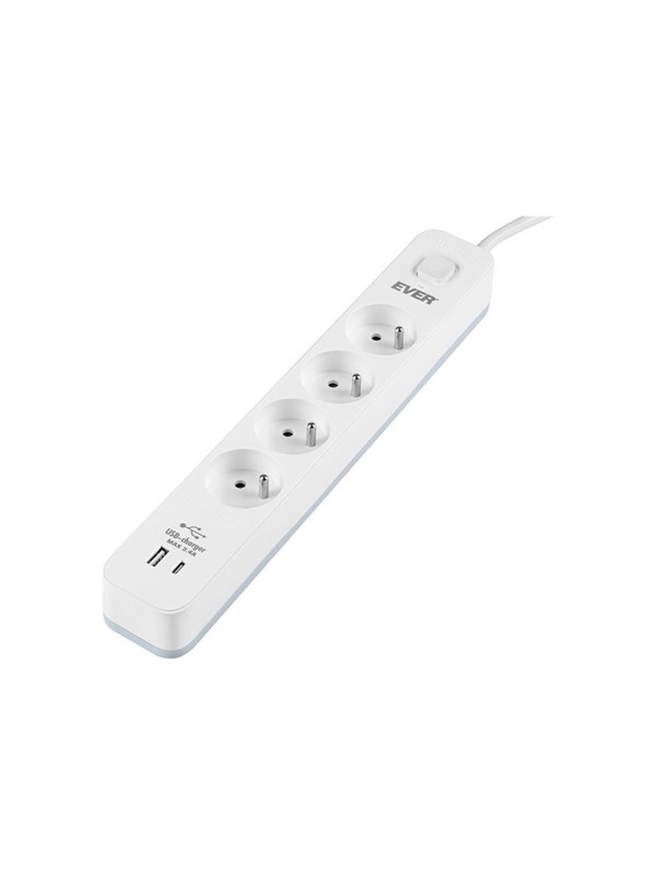 Ever Protect stikdåse 4 udtag med overspændingsbeskyttelse, 1×USB-A + 1×USB-C, 1,5 m - hvid