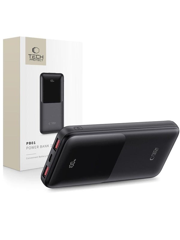 Tech-Protect Powerbank PB01 10000mAh 22.5W - Black Powerbank - Sort - 10000 mAh