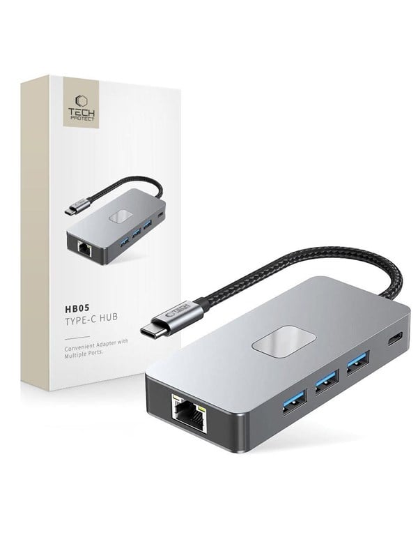 Tech-Protect HB05 HUB 9in1 USB-C + USB2.0 + USB3.0 + HDMI 4K 60HZ + SD / TF + PD100W + RJ45 - Grey USB hub - USB 3.0 - 9 ports - Grå