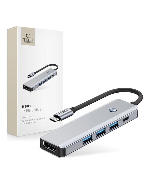 Tech-Protect HB01 HUB Adapter 5in1 USB-C + USB3.0 + HDMI 4K 60Hz + PD100W - Grey USB hub - USB 3.0 - 5 ports - Grå