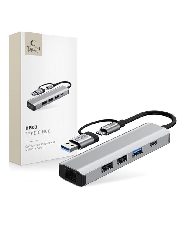 Tech-Protect HB03 HUB Adapter 5in1 USB-C + USB2.0 + USB3.0 + RJ45 - Grey USB hub - USB 3.0 - 5 ports - Grå