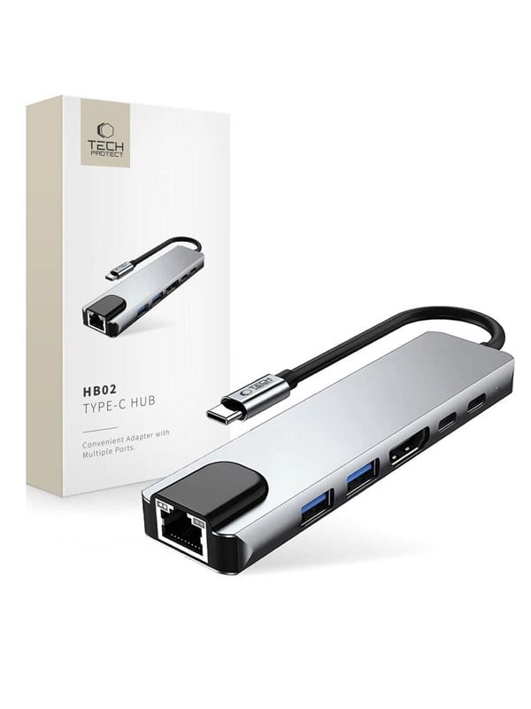 Tech-Protect HB02 HUB Adapter 6in1 USB-C + USB2.0 + USB3.0 + HDMI 4K 30Hz + RJ45 + PD100W - Grey USB hub - USB 3.0 - 6 ports - Grå