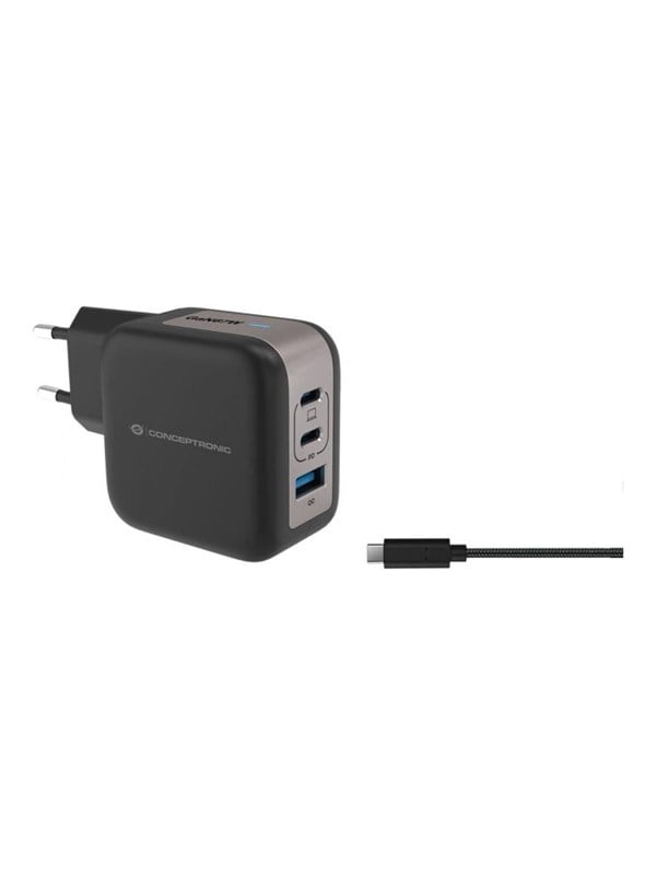 Conceptronic 3-port 67 W GaN USB PD oplader med USB‑C kabel - 2× USB‑C, 1× USB‑A, QC 3.0, PPS