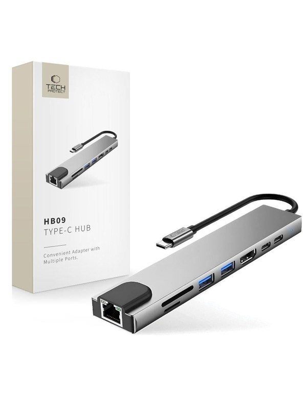 Tech-Protect USB Hub HB09 8in1 TYPE-C + USB-A 3.0 + USB-C 3.0 + HDMI 4K 60HZ + SD/TF + PD100W + RJ45 1000 MB/S - Grey USB hub - USB 3.0 - 8 ports - Grå