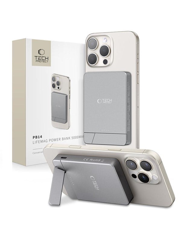 Tech-Protect Powerbank PB14 LifeMag MagSafe 5000 mAh - Grey Powerbank - Grå - 5000 mAh