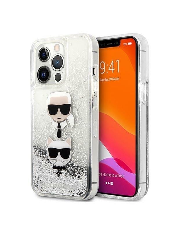 Karl Lagerfeld Liquid Glitter Karl&Choupette Head case for iPhone 13 Pro / iPhone 13 - silver