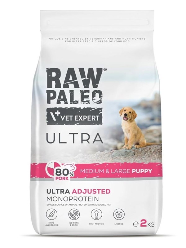 Hundefoder tørfoder VetExpert RAW PALEO Ultra Pork til mellem & store hvalpe 2 kg