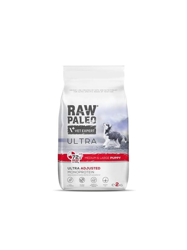 Hvalpefoder tørkost oksekød - VetExpert Raw Paleo Ultra Medium & Large Puppy, 2 kg