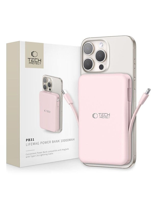 Tech-Protect PB31 LifeMag MagSafe 10000 mAh Power Bank - Pink Powerbank - Pink - 10000 mAh