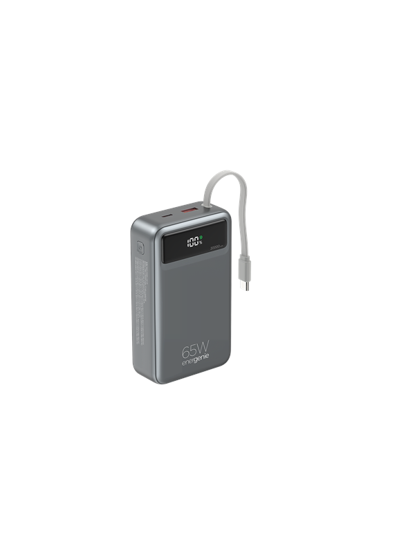 Gembird 65 W Fast charging power bank with integrated cables Powerbank - Grå - 20000 Ah