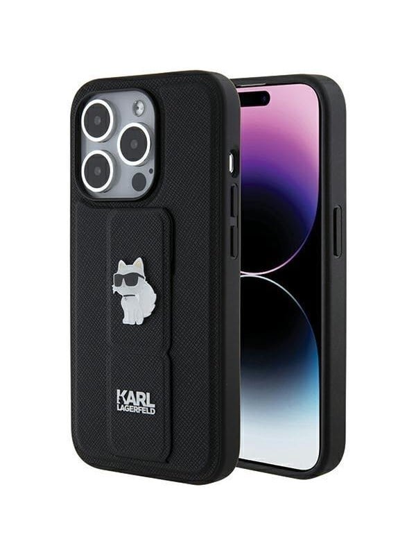Karl Lagerfeld Gripstand Saffiano Choupette Pins case for iPhone 15 Pro Max - black