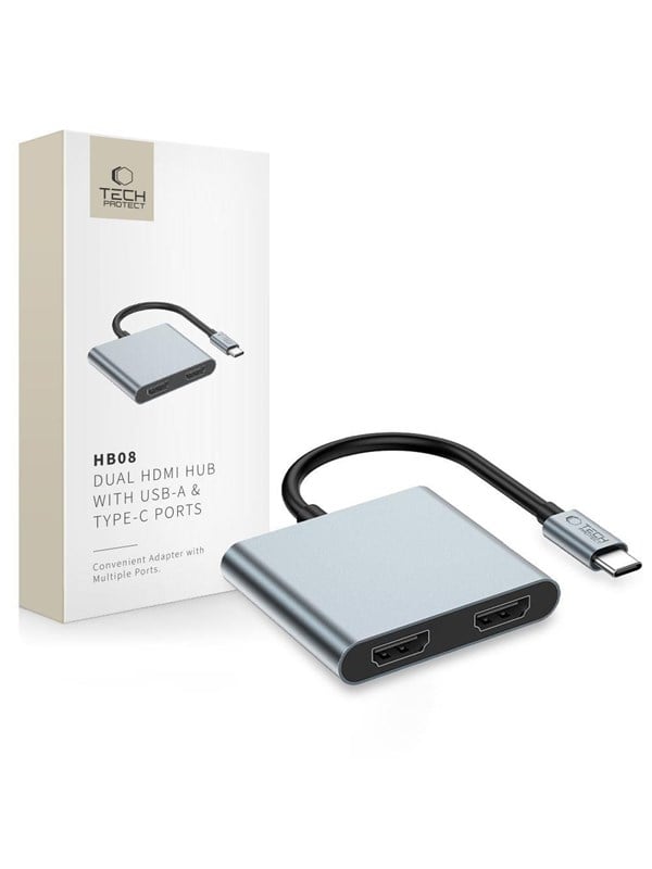 Tech-Protect HB08 4-in-1 USB-C + USB2.0 + 2 x HDMI 4K 60HZ Adapter - Grey USB hub - USB 2.0 - 2 ports - Grå