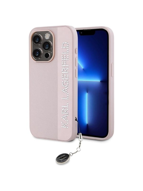 Karl Lagerfeld Saffiano Rhinestones & Charm case for iPhone 15 Pro - pink