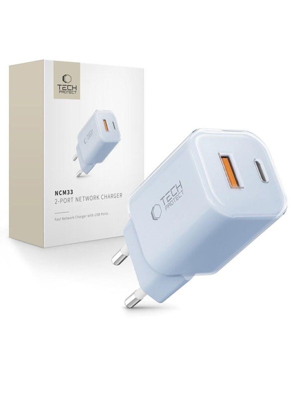 Netværksoplader Tech-Protect TECH-PROTECT NCM33W 2-ports PD33W/QC3.0 baby blue
