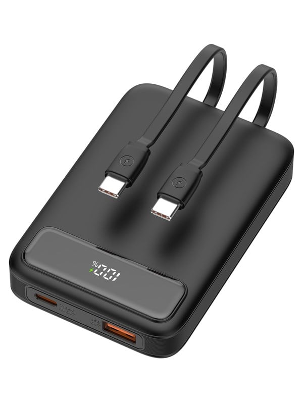 Deltaco PB-CC100 - Powerbank 10 000 mAh - 2x USB-C cables built-in + 1x USB-A & 1x USB-C PD 20 W - Black Powerbank - Sort - 10000 mAh