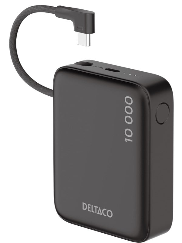 Deltaco PB-CC101 - Powerbank 10 000 mAh - built-in fabric USB-C cable 20W + 1x USB-C - Black Powerbank - Sort - 10000 mAh