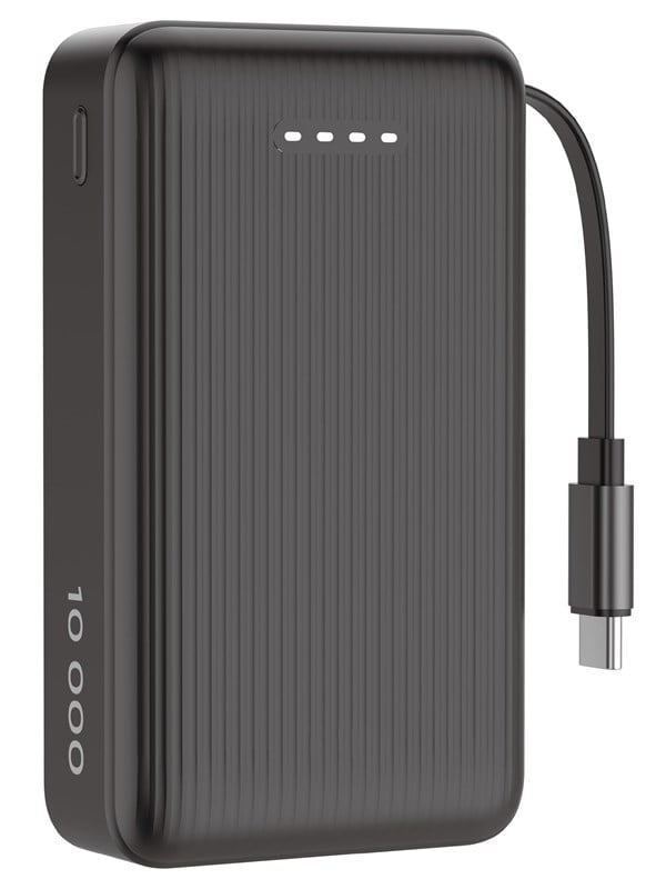 Deltaco PB-CC102 - Powerbank 10 000 mAh - Retractable USB-C cable 90 cm + 1x USB-C PD 20 W - Black Powerbank - Sort - 10000 mAh