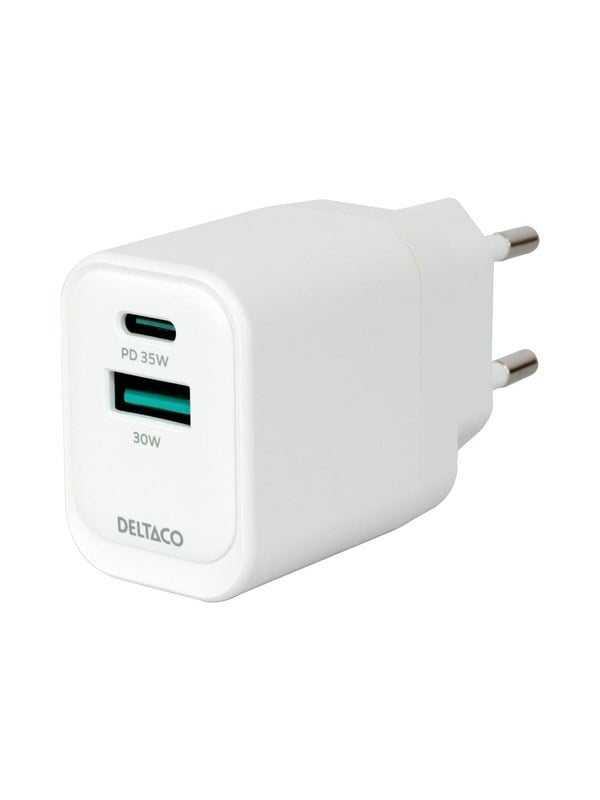 Deltaco USB GaN Wall Charger PD 35W | 1x USB-A | 1x USB-C | PPS + Samsung SFC 25W | White billede