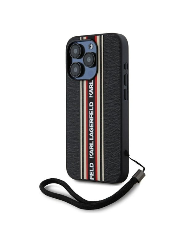 Karl Lagerfeld Saffiano Athleisure Stripes Cord iPhone 15 Pro Max Case - Red
