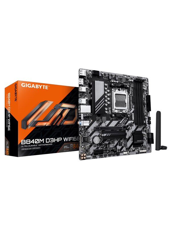 Gigabyte B840M D3HP Wi‑Fi 6E bundkort - AM5, DDR5 op til 8.200 MHz, 2x M.2 PCIe 4.0