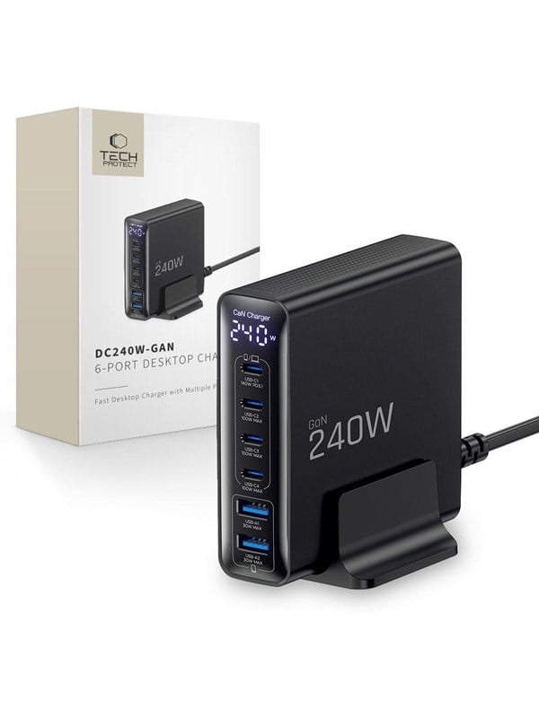 Tech-Protect DC240W-GaN Charging Station 6 Ports 4 x USB-C 2 x USB-A 240W QC3.0 - Black USB hub - USB 3.0 - 6 ports - Sort