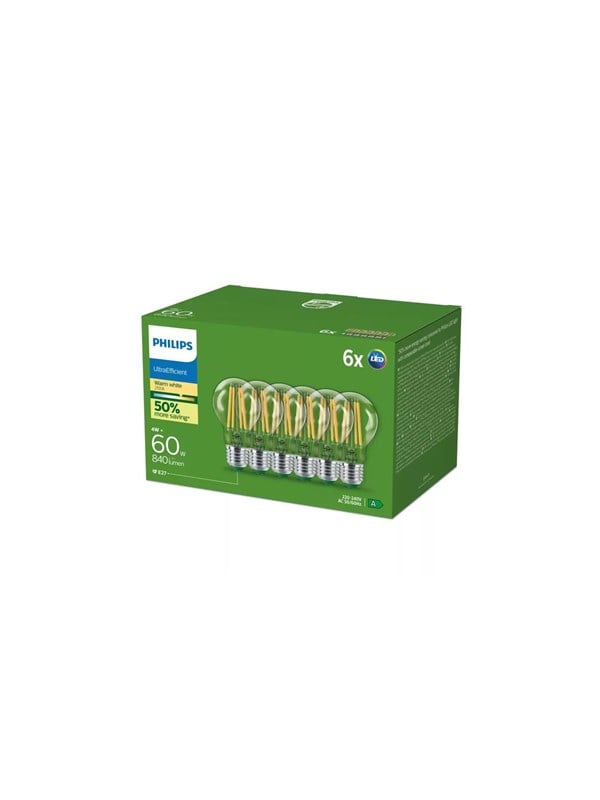 Philips LED pære Ultra Efficient A60 4W/827 (60W) Klar 6-pak E27
