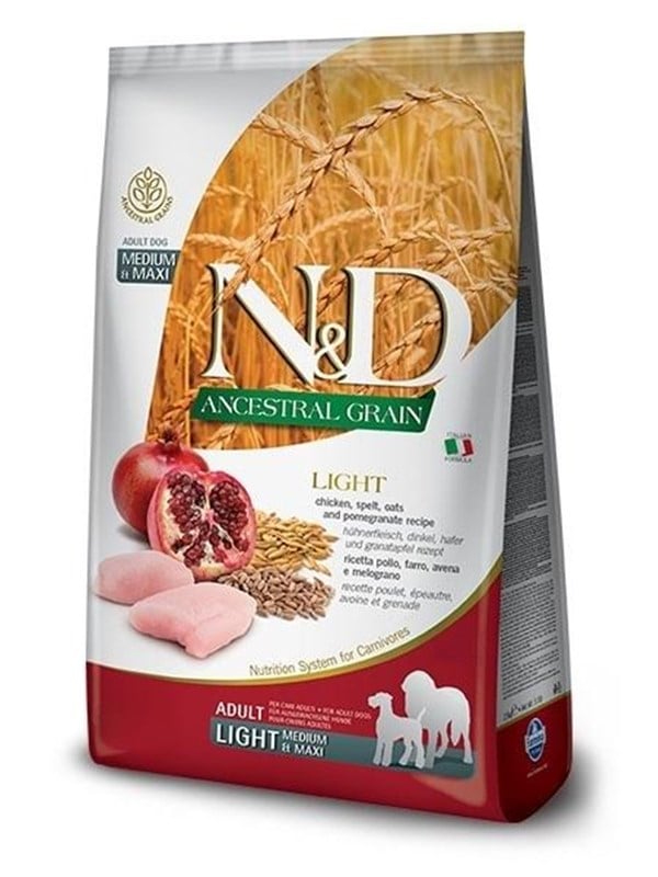 Hundefoder Farmina N&D Ancestral Grain Light - kylling, spelt, havre & granatæble, Adult Medium & Maxi 12 kg