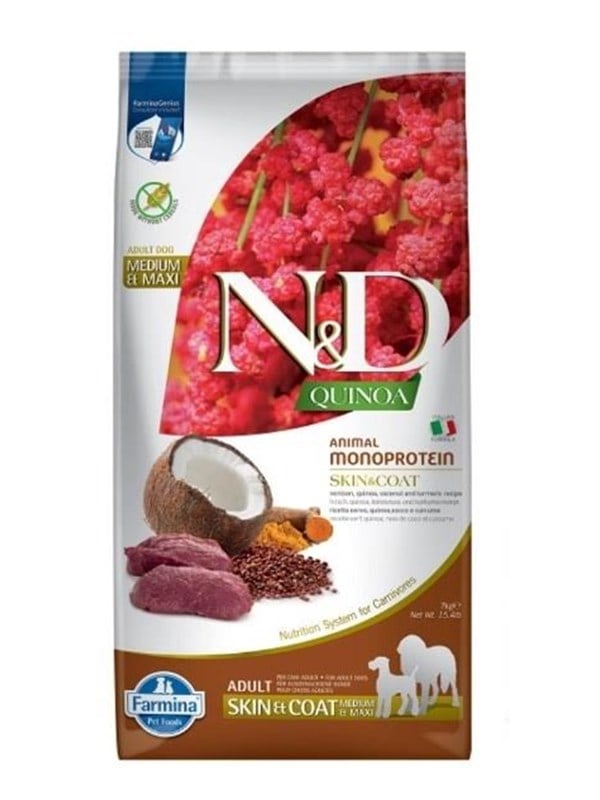 Hundefoder Farmina N&D Quinoa Skin & Coat Vildt & Kokos - Adult Medium & Maxi, tørfoder 7 kg