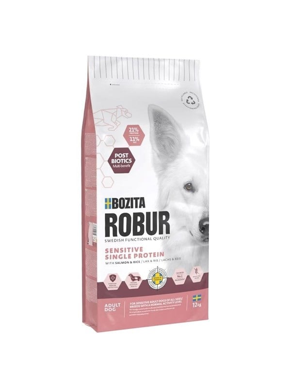 BOZITA Robur Adult Sensitive Single Protein - Laks & ris tørfoder til hund, 12 kg