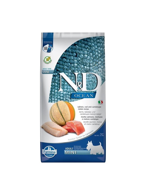 Hundefoder tørfoder Farmina N&D Ocean Adult Mini - laks, torsk og cantaloupemelon 7 kg