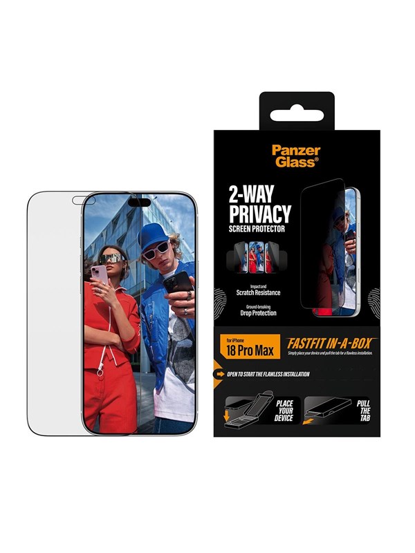 PanzerGlass 2-Way Privacy Screen Protector Apple iPhone 18 Pro Max | Ultra-Wide Fit w. FASTFIT IN-A-BOX - Skærmbeskytter - glas - med fortrolighedsfilter