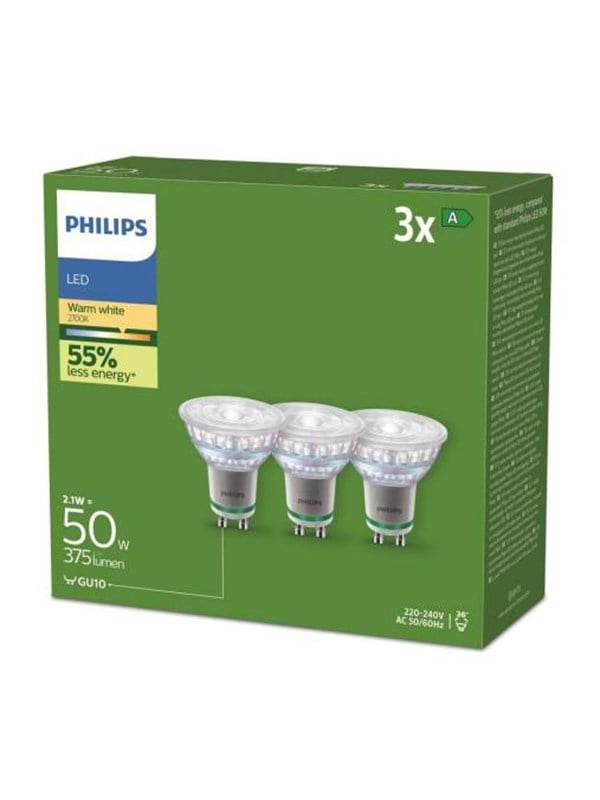 Philips Ultra Efficient GU10 A LED-pre, 2700K, 375lm, 36, 2,1W - 3 pak