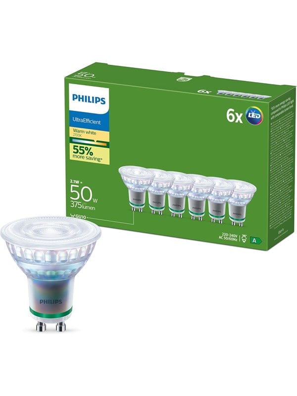 Philips LED pære Ultra Efficient 2,1W/827 (50W) 36° 6-pak GU10