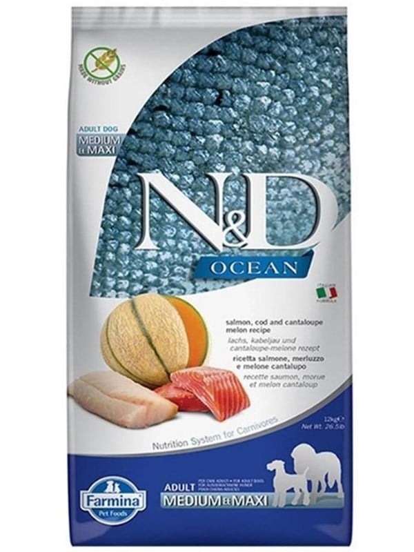 Farmina N&D Ocean Dog Salmon Cod Cantaloupe Melon Adult Medium&Maxi - dry dog food - 12 kg billede